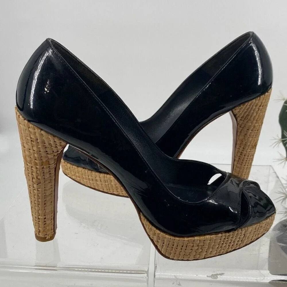 Stuart Weitzman Women's Patent Leather Criss Cross Pump Heel Black Tan Size 8.5M